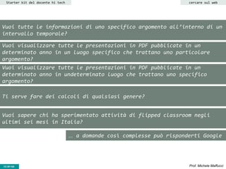 CC-BY- Prof. Michele MaffucciCC-BY-SA
Starter kit del docente hi tech
Vuoi tutte le informazioni di uno specifico argomento all’interno di un
intervallo temporale?
… a domande così complesse può risponderti Google
Vuoi visualizzare tutte le presentazioni in PDF pubblicate in un
determinato anno in un luogo specifico che trattano uno particolare
argomento?
Vuoi visualizzare tutte le presentazioni in PDF pubblicate in un
determinato anno in undeterminato luogo che trattano uno specifico
argomento?
Ti serve fare dei calcoli di qualsiasi genere?
Vuoi sapere chi ha sperimentato attività di flipped classroom negli
ultimi sei mesi in Italia?
cercare sul web
 