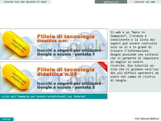 CC-BY- Prof. Michele MaffucciCC-BY-SA
Starter kit del docente hi tech cercare sul webmaffucci.it
Il web è un “mare in
tempesta”, l’ordine è
inesistente e la lista dei
saperi può essere costruita
solo se si è in grado di
trovare l’informazione.
Google possiede una sintassi
che vi permette di impostare
al meglio le vostre
ricerche. Due tutorial on-
line che vi guidano nell’uso
dei più diffusi operatori da
usare nel campo di ricerca
di Google.
click sull’immagine per essere reindirizzati sul tutorial
 