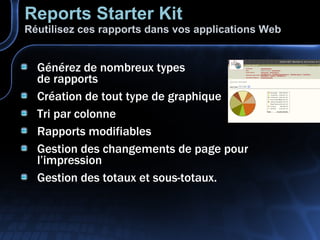 Générez de nombreux types de rapports Création de tout type de graphique Tri par colonne Rapports modifiables Gestion des changements de page pour l’impression Gestion des totaux et sous-totaux. Reports Starter Kit   Réutilisez ces rapports dans vos applications Web 