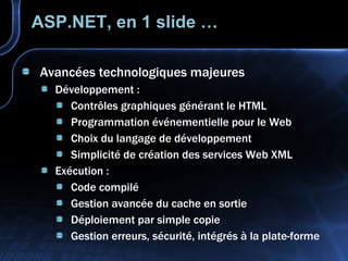ASP.NET, en 1 slide … Avancées technologiques majeures Développement : Contrôles graphiques générant le HTML Programmation événementielle pour le Web Choix du langage de développement Simplicité de création des services Web XML Exécution : Code compilé Gestion avancée du cache en sortie Déploiement par simple copie Gestion erreurs, sécurité, intégrés à la plate-forme 