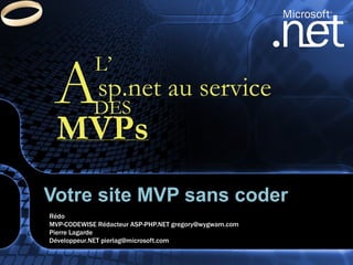 Rédo  MVP-CODEWISE Rédacteur ASP-PHP.NET gregory@wygwam.com Pierre Lagarde Développeur.NET pierlag@microsoft.com Votre site MVP sans coder A sp.net au service L’ DES MVPs 