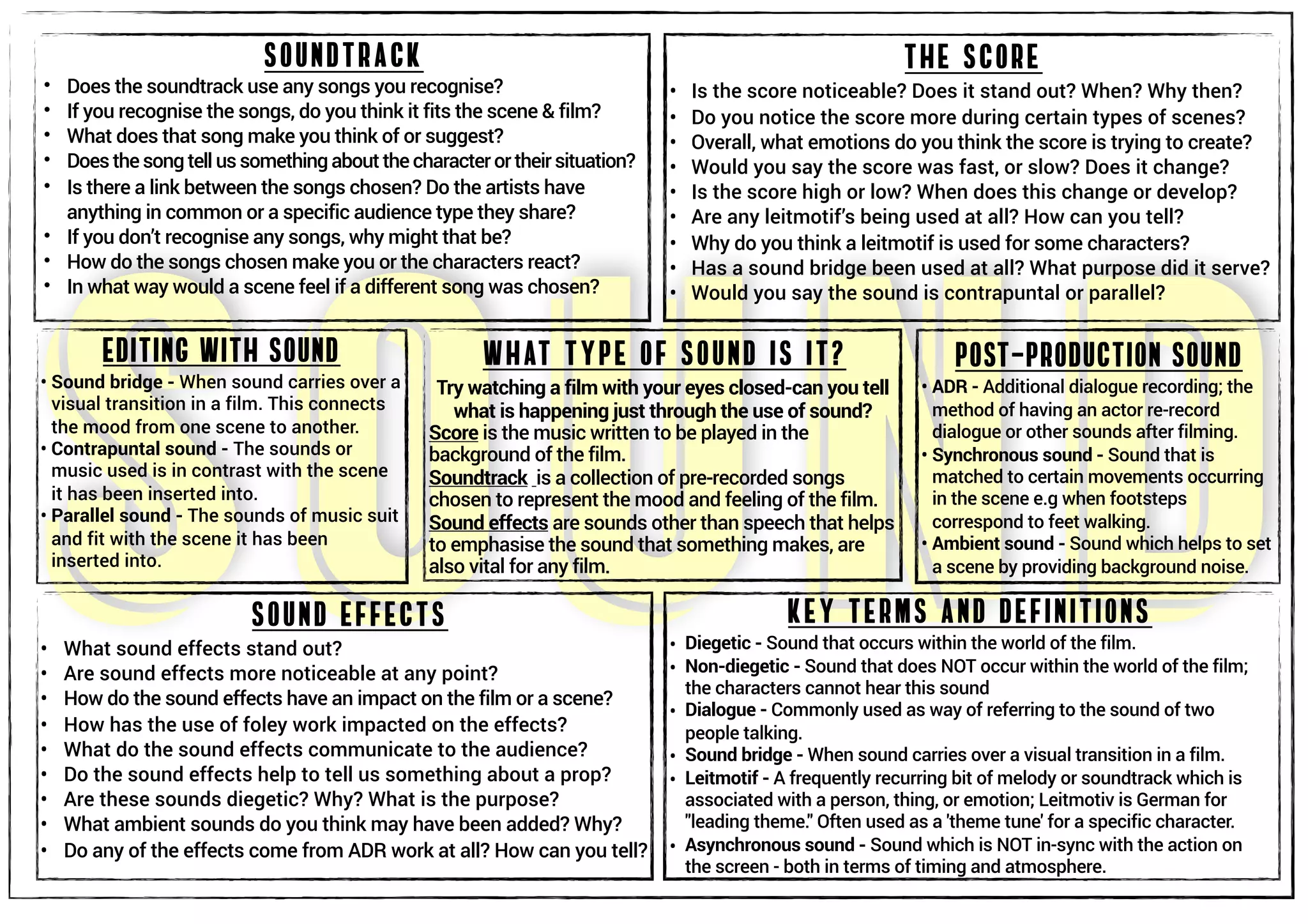 sound
what type of sound is it?
Try watching a film with your eyes closed-can you tell
what is happening just through the use of sound?
Score is the music written to be played in the
background of the film.
Soundtrack is a collection of pre-recorded songs
chosen to represent the mood and feeling of the film.
Sound effects are sounds other than speech that helps
to emphasise the sound that something makes, are
also vital for any film.
soundtrack
• Does the soundtrack use any songs you recognise?
• If you recognise the songs, do you think it fits the scene & film?
• What does that song make you think of or suggest?
• Doesthesongtellussomethingaboutthecharacterortheirsituation?
• Is there a link between the songs chosen? Do the artists have
anything in common or a specific audience type they share?
• If you don’t recognise any songs, why might that be?
• How do the songs chosen make you or the characters react?
• In what way would a scene feel if a different song was chosen?
the score
• Is the score noticeable? Does it stand out? When? Why then?
• Do you notice the score more during certain types of scenes?
• Overall, what emotions do you think the score is trying to create?
• Would you say the score was fast, or slow? Does it change?
• Is the score high or low? When does this change or develop?
• Are any leitmotif’s being used at all? How can you tell?
• Why do you think a leitmotif is used for some characters?
• Has a sound bridge been used at all? What purpose did it serve?
• Would you say the sound is contrapuntal or parallel?
sound effects
• What sound effects stand out?
• Are sound effects more noticeable at any point?
• How do the sound effects have an impact on the film or a scene?
• How has the use of foley work impacted on the effects?
• What do the sound effects communicate to the audience?
• Do the sound effects help to tell us something about a prop?
• Are these sounds diegetic? Why? What is the purpose?
• What ambient sounds do you think may have been added? Why?
• Do any of the effects come from ADR work at all? How can you tell?
Key terms and definitions
• Diegetic - Sound that occurs within the world of the film.
• Non-diegetic - Sound that does NOT occur within the world of the film;
the characters cannot hear this sound
• Dialogue - Commonly used as way of referring to the sound of two
people talking.
• Sound bridge - When sound carries over a visual transition in a film.
• Leitmotif - A frequently recurring bit of melody or soundtrack which is
associated with a person, thing, or emotion; Leitmotiv is German for
"leading theme." Often used as a 'theme tune' for a specific character.
• Asynchronous sound - Sound which is NOT in-sync with the action on
the screen - both in terms of timing and atmosphere.
editing with sound
• Sound bridge - When sound carries over a
visual transition in a film. This connects
the mood from one scene to another.
• Contrapuntal sound - The sounds or
music used is in contrast with the scene
it has been inserted into.
• Parallel sound - The sounds of music suit
and fit with the scene it has been
inserted into.
post-production sound
• ADR - Additional dialogue recording; the
method of having an actor re-record
dialogue or other sounds after filming.
• Synchronous sound - Sound that is
matched to certain movements occurring
in the scene e.g when footsteps
correspond to feet walking.
• Ambient sound - Sound which helps to set
a scene by providing background noise.
 