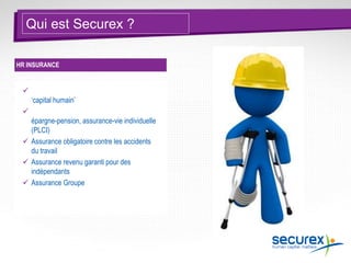 HR INSURANCE
 Toutes solutions d’assurance en matière de
‘capital humain’
 Solutions de pension complémentaire –
épargne-pension, assurance-vie individuelle
(PLCI)
 Assurance obligatoire contre les accidents
du travail
 Assurance revenu garanti pour des
indépendants
 Assurance Groupe
Qui est Securex ?
 