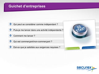 Guichet d’entreprises
Qui peut se considérer comme indépendant ?
Puis-je me lancer dans une activité indépendante ?
Comment me lancer ?
Qui est commerçant/non-commerçant ?
Est-ce que je satisfais aux exigences requises ?
 