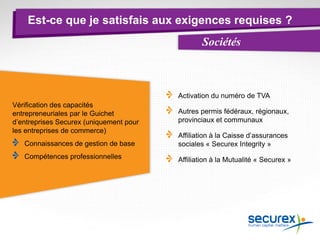 Est-ce que je satisfais aux exigences requises ?
Activation du numéro de TVA
Autres permis fédéraux, régionaux,
provinciaux et communaux
Affiliation à la Caisse d’assurances
sociales « Securex Integrity »
Affiliation à la Mutualité « Securex »
Sociétés
Vérification des capacités
entrepreneuriales par le Guichet
d’entreprises Securex (uniquement pour
les entreprises de commerce)
Connaissances de gestion de base
Compétences professionnelles
 