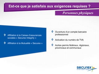Est-ce que je satisfais aux exigences requises ?
Personnes physiques
Ouverture d’un compte bancaire
professionnel
Activation du numéro de TVA
Autres permis fédéraux, régionaux,
provinciaux et communaux
Affiliation à la Caisse d’assurances
sociales « Securex Integrity »
Affiliation à la Mutualité « Securex »
 