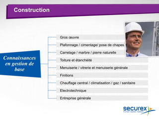 Construction
Connaissances
en gestion de
base
Gros œuvre
Plafonnage / cimentage/ pose de chapes
Carrelage / marbre / pierre naturelle
Toiture et étanchéité
Menuiserie / vitrerie et menuiserie générale
Finitions
Chauffage central / climatisation / gaz / sanitaire
Electrotechnique
Entreprise générale
 