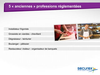 5 « anciennes » professions réglementées
Installateur frigoriste
Grossiste en viandes - chevillard
Dégraisseur - teinturier
Boulanger - pâtissier
Restaurateur -traiteur - organisateur de banquets
 
