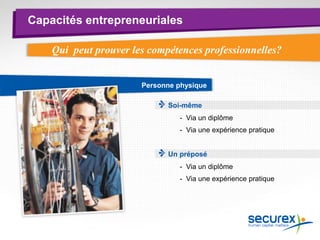 Capacités entrepreneuriales
Personne physique
Qui peut prouver les compétences professionnelles?
Un préposé
- Via un diplôme
- Via une expérience pratique
- Via un diplôme
- Via une expérience pratique
Soi-même
 