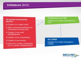Initiateurs (BCE)
Via guichet d’entreprises
Securex
Création d’un siège social
Statut commerçant/artisan/non-
commerçant de droit privé
Création d’une unité
d’établissement
Création d’une (d’)activité(s)
Création d’une fonction
Octroi d’un numéro d’entreprise
et d’un numéro d’établissement
Via Securex ou la TVA
Création d’un statut d’assujetti à la
TVA
Via l’ONSS
Création d’un statut d’assujetti à
l’ONSS
 