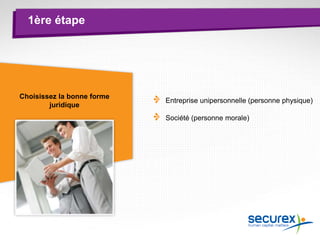 1ère étape
Choisissez la bonne forme
juridique
Entreprise unipersonnelle (personne physique)
Société (personne morale)
 