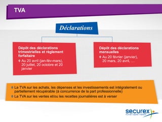 TVA
Déclarations
Dépôt des déclarations
mensuelles
Au 20 février (janvier),
20 mars, 20 avril, …
Dépôt des déclarations
trimestrielles et règlement
forfaitaire
Au 20 avril (jan-fév-mars),
20 juillet, 20 octobre et 20
janvier
La TVA sur les achats, les dépenses et les investissements est intégralement ou
partiellement récupérable (à concurrence de la part professionnelle)
La TVA sur les ventes et/ou les recettes journalières est à verser
 