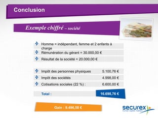 Conclusion
Exemple chiffré – société
Rémunération du gérant = 30.000,00 €
Homme = indépendant, femme et 2 enfants à
charge
Résultat de la société = 20.000,00 €
Impôt des sociétés 4.998,00 €
Impôt des personnes physiques 5.100,76 €
Cotisations sociales (22 %) : 6.600,00 €
Total : 16.698,76 €
Gain : 9.496,58 €
 