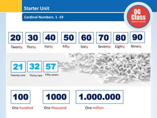Cardinal Numbers. 1 -19
Starter Unit
20
Twenty
30
21 32 57
Twenty-one Thirty two Fifty seven
40 50 60 70 80 90
Thirty Forty Fifty Sixty Seventy Eighty Ninety
100
One hundred
1000
One thousand
1.000.000
One million
 