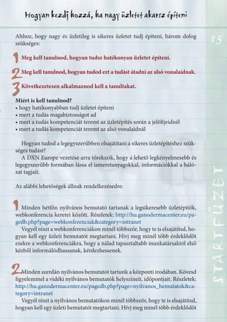 15
STARTFÜZETSTARTFÜZETSTARTFÜZETSTARTFÜZETSTARTFÜZETSTARTFÜZETSTARTFÜZETSTARTFÜZET
Hogyan kezdj hozzá, ha nagy üzletet akarsz építeni
1
11
22
33
22
Ahhoz, hogy nagy és üzletileg is sikeres üzletet tudj építeni, három dolog
szükséges:
Meg kell tanulnod, hogyan tudsz hatékonyan üzletet építeni.
Meg kell tanulnod, hogyan tudod ezt a tudást átadni az alsó vonalaidnak.
Következetesen alkalmaznod kell a tanultakat.
Miért is kell tanulnod?
• hogy hatékonyabban tudj üzletet építeni
• mert a tudás magabiztosságot ad
• mert a tudás kompetenciát teremt az üzletépítés során a jelöltjeidnél
• mert a tudás kompetenciát teremt az alsó vonalaidnál
Hogyan tudod a legegyszerűbben elsajátítani a sikeres üzletépítéshez szük-
séges tudást?
A DXN Europe vezetése arra törekszik, hogy a lehető legkényelmesebb és
legegyszerűbb formában lássa el ismeretanyagokkal, információkkal a háló-
zat tagjait.
Az alábbi lehetőségek állnak rendelkezésedre:
Minden hétfőn nyilvános bemutató tartanak a legsikeresebb üzletépítők,
webkonferencia keretei között. Részletek: http://hu.ganodermacenter.eu/pa-
gedb.php?page=webkonferenciak&category=intranet
Vegyél részt a webkonferenciákon minél többször, hogy te is elsajátítsd, ho-
gyan kell egy üzleti bemutatót megtartani. Hívj meg minél több érdeklődőt
ezekre a webkonferenciákra, hogy a nálad tapasztaltabb munkatársaktól első
kézből informálódhassanak, kérdezhessenek.
Minden szerdán nyilvános bemutatót tartunk a központi irodában. Kövesd
figyelemmel a vidéki nyilvános bemutatók helyszíneit, időpontjait. Részletek:
http://hu.ganodermacenter.eu/pagedb.php?page=nyilvanos_bemutatok&ca-
tegory=intranet
Vegyél részt a nyilvános bemutatókon minél többször, hogy te is elsajátítsd,
hogyan kell egy üzleti bemutatót megtartani. Hívj meg minél több érdeklődőt
 