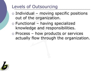 Levels of Outsourcing
   Individual – moving specific positions
    out of the organization.
   Functional – having specialized
    knowledge and responsibilities.
   Process – how products or services
    actually flow through the organization.
 