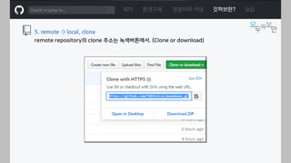 ㅁ
목차 환경구축 명령어와 개념 깃허브란? 실습
5. remote -> local, clone
remote repository의 clone 주소는 녹색버튼에서. (Clone or download)
 