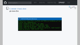 ㅁ
목차 환경구축 명령어와 개념 깃허브란? 실습
5. remote -> local, clone
git clone 주소
 