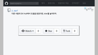 ㅁ
목차 환경구축 명령어와 개념 깃허브란? 실습
2. star?
다른 사람의 Git hub에서 도움을 받았다면, star를 눌러주자.
 