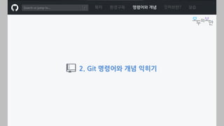 ㅁ
2. Git 명령어와 개념 익히기
목차 환경구축 명령어와 개념 깃허브란? 실습
 