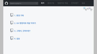 ㅁ
1. 환경 구축
2. Git 명령어와 개념 익히기
3. 그래서, 깃허브란?
4. 실습
목차 환경구축 명령어와 개념 깃허브란? 실습
 