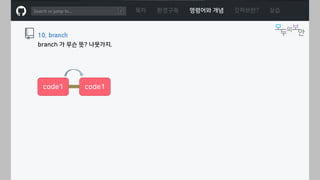 ㅁ
목차 환경구축 명령어와 개념 깃허브란? 실습
10. branch
branch 가 무슨 뜻? 나뭇가지.
code1 code1
 