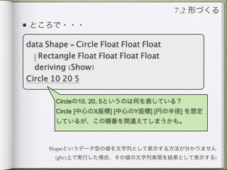 7.2 形づくる
• ところで・・・
data Shape = Circle Float Float Float
  | Rectangle Float Float Float Float
  deriving (Show)
Circle 10 20 5

        Circleの10, 20, 5というのは何を表している？
        Circle [中心のX座標] [中心のY座標] [円の半径] を想定
        しているが、この順番を間違えてしまうかも。



      Shapeというデータ型の値を文字列として表示する方法が分かりません
       (ghci上で実行した場合、その値の文字列表現を結果として表示する)
 