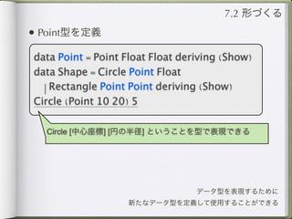 7.2 形づくる
• Point型を定義
data Point = Point Float Float deriving (Show)
data Shape = Circle Point Float
  | Rectangle Point Point deriving (Show)
Circle (Point 10 20) 5

  Circle [中心座標] [円の半径] ということを型で表現できる




                                  データ型を表現するために
                   新たなデータ型を定義して使用することができる
 