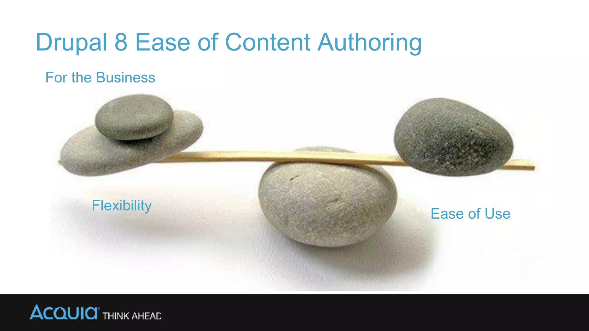 Drupal 8 Ease of Content Authoring
For the Business
Flexibility
Ease of Use
 