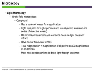 Microscopy Light Microscopy Bright-field microscopes Compound Use a series of lenses for magnification Light rays pass through specimen and into objective lens (one of a series of objective lenses) Oil immersion lens increases resolution because light does not refract Have one or two ocular lenses Total magnification = magnification of objective lens X magnification of ocular lens Most have condenser lens to direct light through specimen 