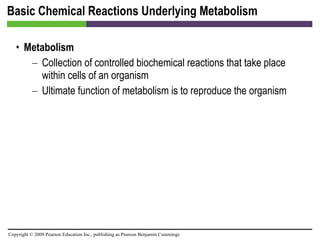 Basic Chemical Reactions Underlying Metabolism Metabolism Collection of controlled biochemical reactions that take place within cells of an organism Ultimate function of metabolism is to reproduce the organism 