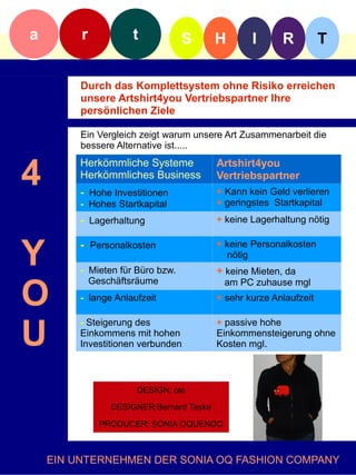 a        r           t            S      H       I      R          T

         Durch das Komplettsystem ohne Risiko erreichen
         unsere Artshirt4you Vertriebspartner Ihre
         persönlichen Ziele

         Ein Vergleich zeigt warum unsere Art Zusammenarbeit die
         bessere Alternative ist.....


4
         Herkömmliche Systeme            Artshirt4you
         Herkömmliches Business          Vertriebspartner
         - Hohe Investitionen            + Kann kein Geld verlieren
         - Hohes Startkapital            + geringstes Startkapital
         - Lagerhaltung                  + keine Lagerhaltung nötig



Y        - Personalkosten                + keine Personalkosten
                                           nötig
         - Mieten für Büro bzw.          + keine Mieten, da

O
           Geschäftsräume                 am PC zuhause mgl
         - lange Anlaufzeit              + sehr kurze Anlaufzeit



U
         - Steigerung des                + passive hohe
         Einkommens mit hohen            Einkommensteigerung ohne
         Investitionen verbunden         Kosten mgl.



                      DESIGN: ole

                DESIGNER:Bernard Teske

             PRODUCER: SONIA OQUENDO



    EIN UNTERNEHMEN DER SONIA OQ FASHION COMPANY
 
