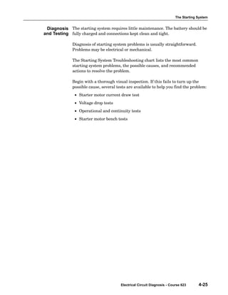The Starting System
Electrical Circuit Diagnosis - Course 623 4-25
The starting system requires little maintenance. The battery should be
fully charged and connections kept clean and tight.
Diagnosis of starting system problems is usually straightforward.
Problems may be electrical or mechanical.
The Starting System Troubleshooting chart lists the most common
starting system problems, the possible causes, and recommended
actions to resolve the problem.
Begin with a thorough visual inspection. If this fails to turn up the
possible cause, several tests are available to help you find the problem:
• Starter motor current draw test
• Voltage drop tests
• Operational and continuity tests
• Starter motor bench tests
Diagnosis
and Testing
 