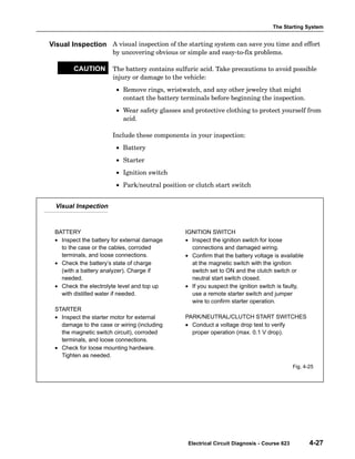 The Starting System
Electrical Circuit Diagnosis - Course 623 4-27
A visual inspection of the starting system can save you time and effort
by uncovering obvious or simple and easy−to−fix problems.
The battery contains sulfuric acid. Take precautions to avoid possible
injury or damage to the vehicle:
• Remove rings, wristwatch, and any other jewelry that might
contact the battery terminals before beginning the inspection.
• Wear safety glasses and protective clothing to protect yourself from
acid.
Include these components in your inspection:
• Battery
• Starter
• Ignition switch
• Park/neutral position or clutch start switch
BATTERY
• Inspect the battery for external damage
to the case or the cables, corroded
terminals, and loose connections.
• Check the battery’s state of charge
(with a battery analyzer). Charge if
needed.
• Check the electrolyte level and top up
with distilled water if needed.
STARTER
• Inspect the starter motor for external
damage to the case or wiring (including
the magnetic switch circuit), corroded
terminals, and loose connections.
• Check for loose mounting hardware.
Tighten as needed.
IGNITION SWITCH
• Inspect the ignition switch for loose
connections and damaged wiring.
• Confirm that the battery voltage is available
at the magnetic switch with the ignition
switch set to ON and the clutch switch or
neutral start switch closed.
• If you suspect the ignition switch is faulty,
use a remote starter switch and jumper
wire to confirm starter operation.
PARK/NEUTRAL/CLUTCH START SWITCHES
• Conduct a voltage drop test to verify
proper operation (max. 0.1 V drop).
Visual Inspection
Fig. 4-25
Visual Inspection
CAUTION
 