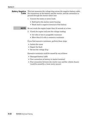 Section 4
4-32 TOYOTA Technical Training
This test measures the voltage drop across the negative battery cable,
the connections at the battery and the starter, and the connection to
ground through the starter motor case:
1. Connect the tester or meter leads:
• Red lead to the starter motor housing
• Black lead to negative terminal of the battery
Do not crank the engine longer than 10 seconds at a time.
2. Crank the engine and note the voltage reading:
• 0.2 volts or less is acceptable resistance
• More than 0.2 volts is excessive resistance
If you find excessive resistance, perform these steps:
• Isolate the cause
• Repair the fault
• Re−test the voltage drop
Excessive resistance could be caused by any of these:
• Damaged battery cable
• Poor connection at battery or starter terminal
• Poor connection between the starter case and the vehicle chassis
(could be caused by a loose motor mount)
Battery Negative
Cable
NOTE
 