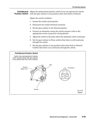 The Starting System
Electrical Circuit Diagnosis - Course 623 4-39
Adjust the park/neutral position switch if you can operate the starter
with the gear selector in any position other than Park or Neutral.
Adjust the switch as follows:
1. Loosen the switch retaining bolt.
2. Disconnect the switch electrical connector.
3. Set the gear selector to the Neutral position.
4. Connect an ohmmeter across the switch contacts (refer to the
appropriate service manual for wiring details).
5. Adjust the switch to the point where the ohmmeter shows continuity.
6. Set the gear selector to Park; confirm that there is still continuity
through the switch.
7. Set the gear selector to any position other than Park or Neutral.
Confirm that there is no continuity through the switch.
Park/Neutral Position Switch
Switch may need adjustment if ignition
switch operates starter with gear selector
in any position other than Park or Neutral.
Fig. 4-33
TL623f433
Park/Neutral
Position Switch
 