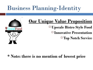 Business Planning-Identity
           Our Unique Value Proposition
                         Upscale Bistro Style Food
                           Innovative Presentation

                                Top Notch Service




* Note: there is no mention of lowest price
 
