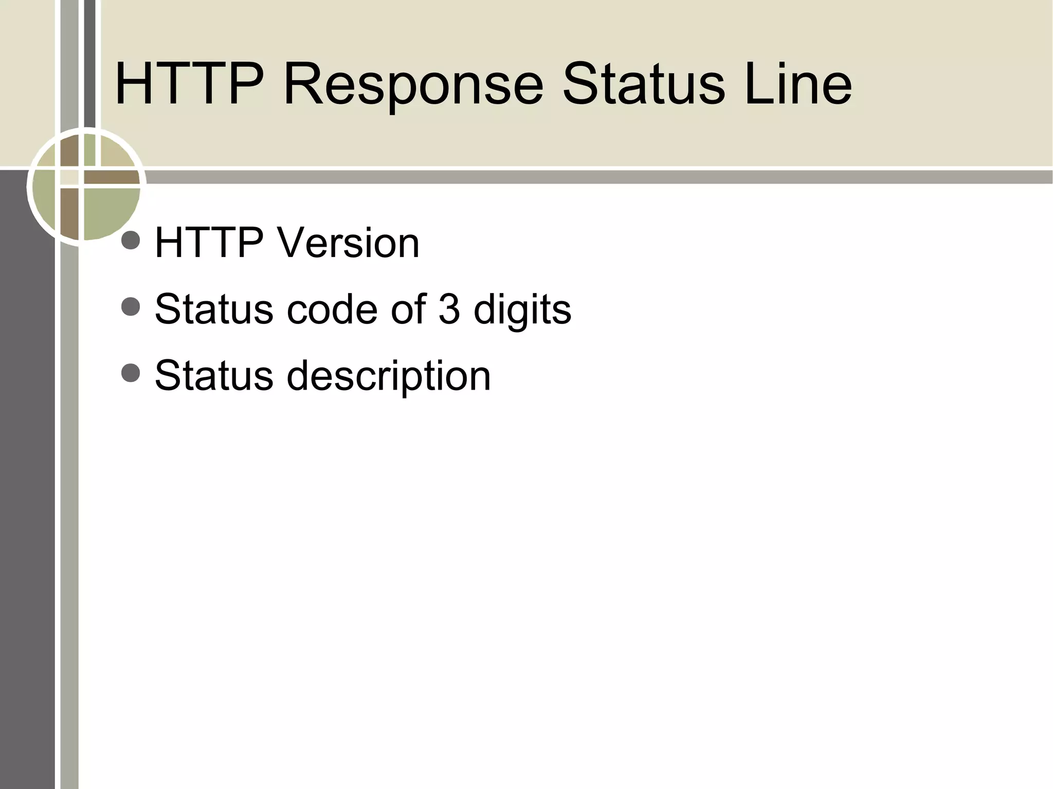 HTTP Response Status Line HTTP Version Status code of 3 digits Status description 