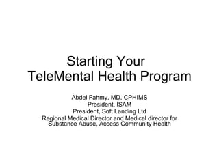 Starting Your  TeleMental Health Program Abdel Fahmy, MD, CPHIMS President, ISAM President, Soft Landing Ltd Regional Medical Director and Medical director for Substance Abuse, Access Community Health 