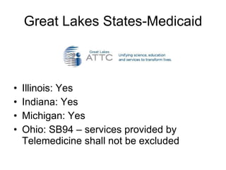 Great Lakes States-Medicaid Illinois: Yes Indiana: Yes  Michigan: Yes Ohio: SB94 – services provided by Telemedicine shall not be excluded 