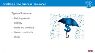 17
Starting a New Business – Insurance
17
Types of Insurance:
• Building/vehicle
• Liability
• Errors and omissions
• Busi...