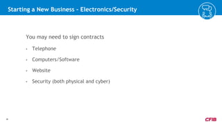 20
Starting a New Business – Electronics/Security
20
You may need to sign contracts
• Telephone
• Computers/Software
• Web...