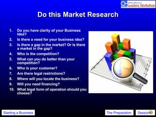 Do this Market Research Do you have clarity of your Business Idea? Is there a need for your business idea?  Is there a gap in the market? Or Is there a market in the gap? Who is the competition?  What can you do better than your competition?  Who is your customer?  Are there legal restrictions?  Where will you locate the business?  Will you need financing?  What legal form of operation should you choose?  