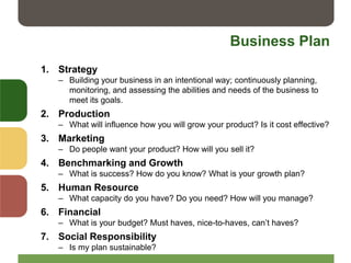 Business Plan
1. Strategy
– Building your business in an intentional way; continuously planning,
monitoring, and assessing the abilities and needs of the business to
meet its goals.
2. Production
– What will influence how you will grow your product? Is it cost effective?
3. Marketing
– Do people want your product? How will you sell it?
4. Benchmarking and Growth
– What is success? How do you know? What is your growth plan?
5. Human Resource
– What capacity do you have? Do you need? How will you manage?
6. Financial
– What is your budget? Must haves, nice-to-haves, can’t haves?
7. Social Responsibility
– Is my plan sustainable?
 