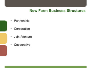 New Farm Business Structures
• Partnership
• Corporation
• Joint Venture
• Cooperative
 