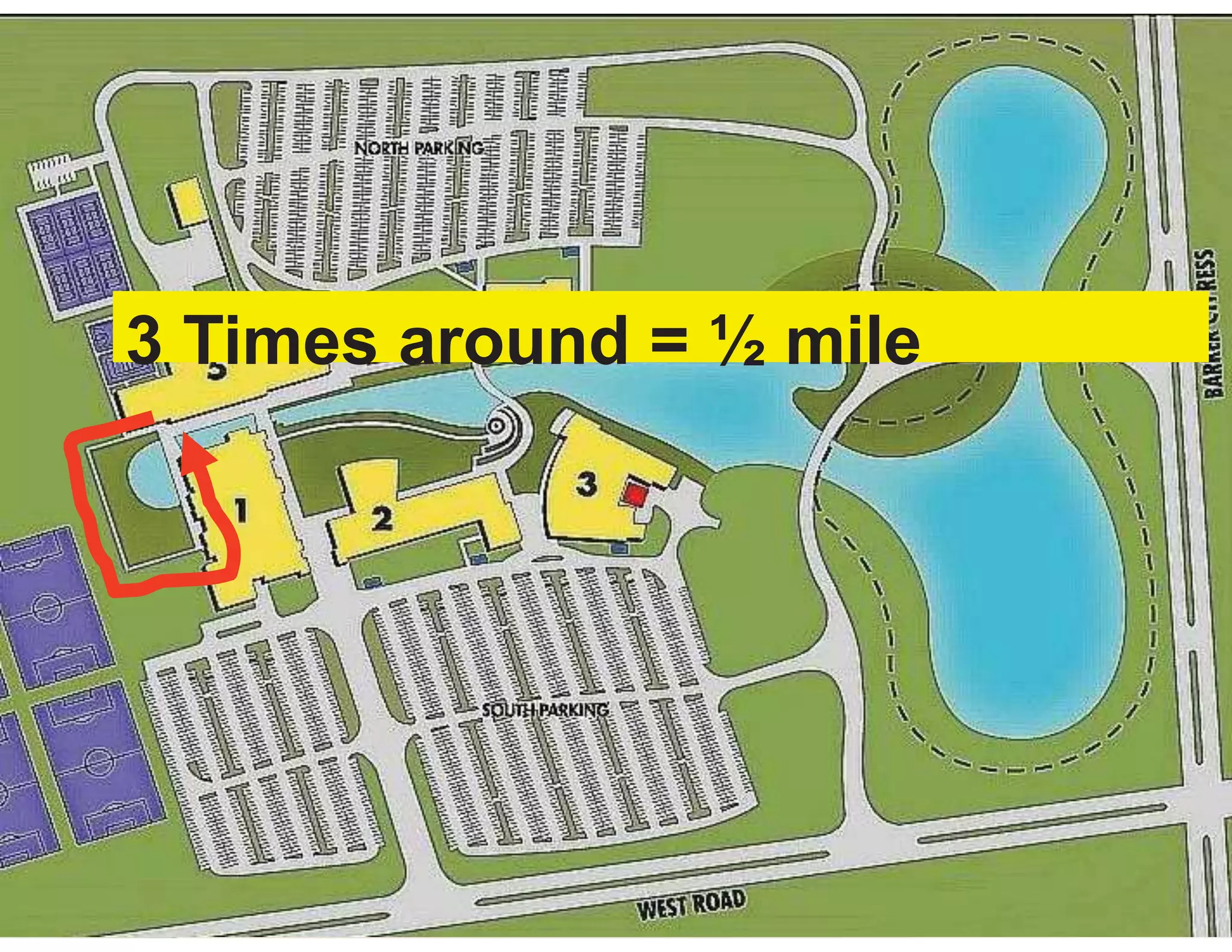 3 Times around = ½ mile
 