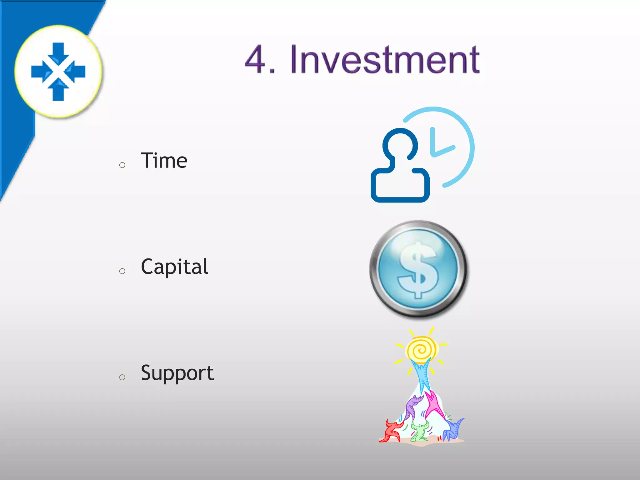 o   Time



o   Capital



o   Support
 