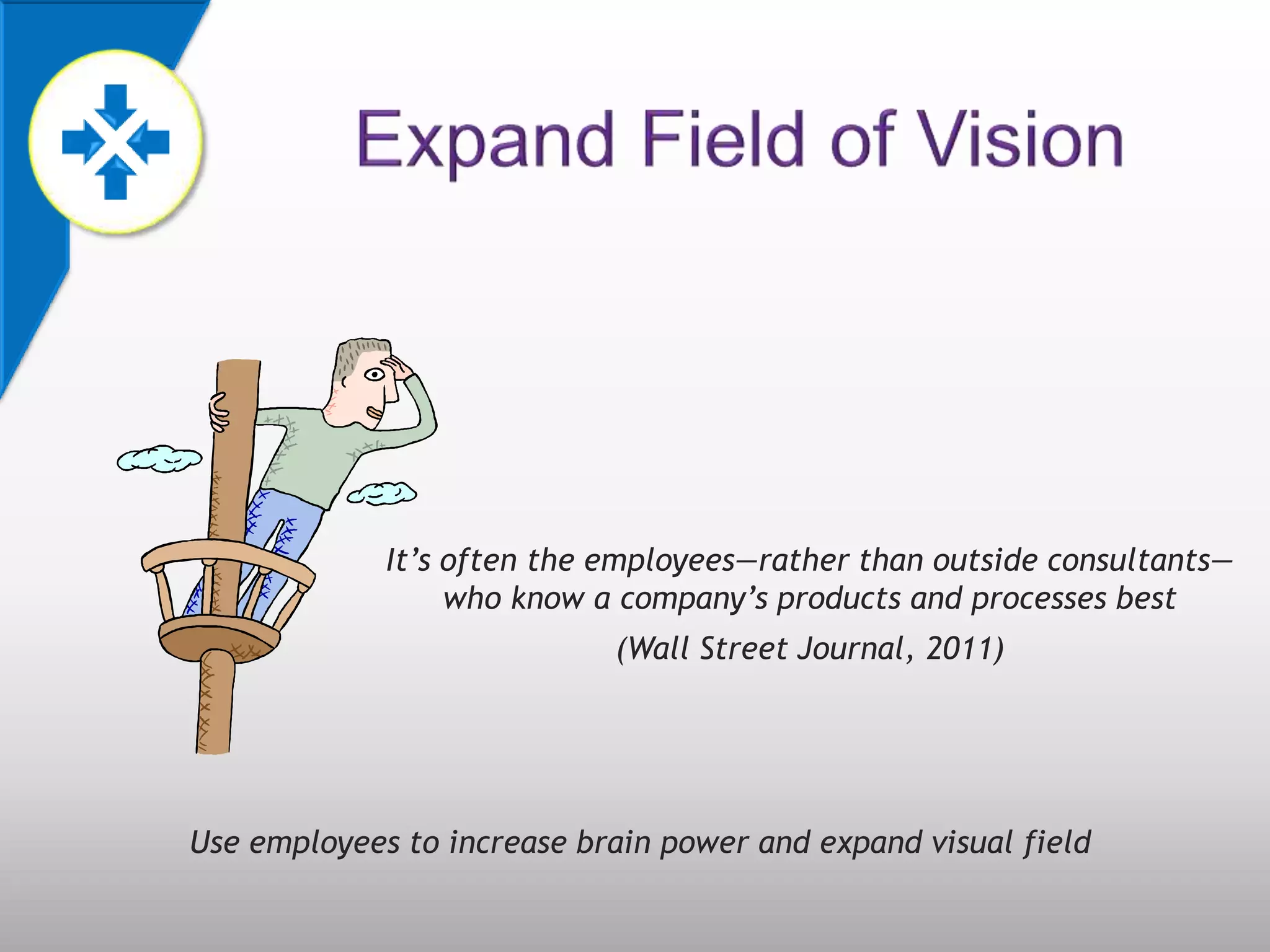 It’s often the employees—rather than outside consultants—
                  who know a company’s products and processes best
                            (Wall Street Journal, 2011)




Use employees to increase brain power and expand visual field
 