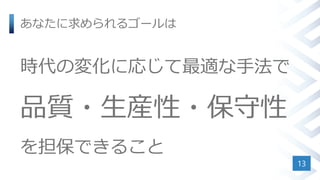あなたに求められるゴールは
時代の変化に応じて最適な手法で
品質・生産性・保守性
を担保できること
13
 