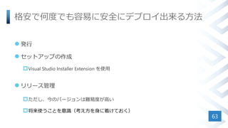格安で何度でも容易に安全にデプロイ出来る方法
 発行
 セットアップの作成
Visual Studio Installer Extension を使用
 リリース管理
ただし、今のバージョンは難易度が高い
将来使うことを意識（考え方を身に着けておく）
63
 